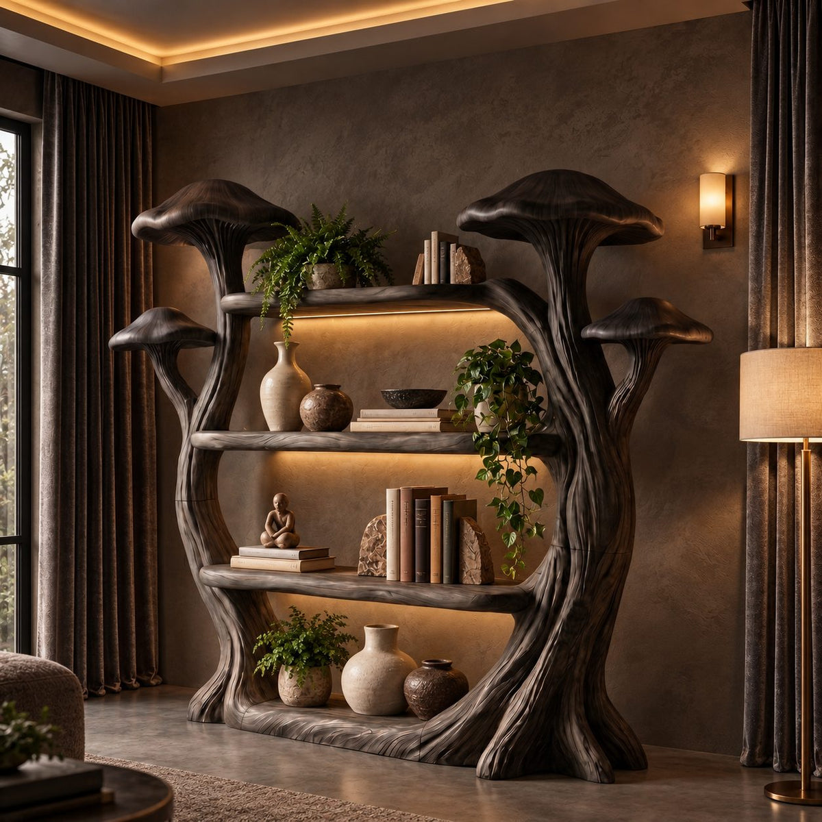 Mushroom Bookshelf with Carved Tree Trunks, Whimsical Solid Wood Bookcase for Reading Room