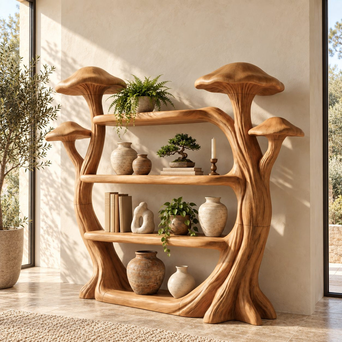 Mushroom Bookshelf with Carved Tree Trunks, Whimsical Solid Wood Bookcase for Reading Room