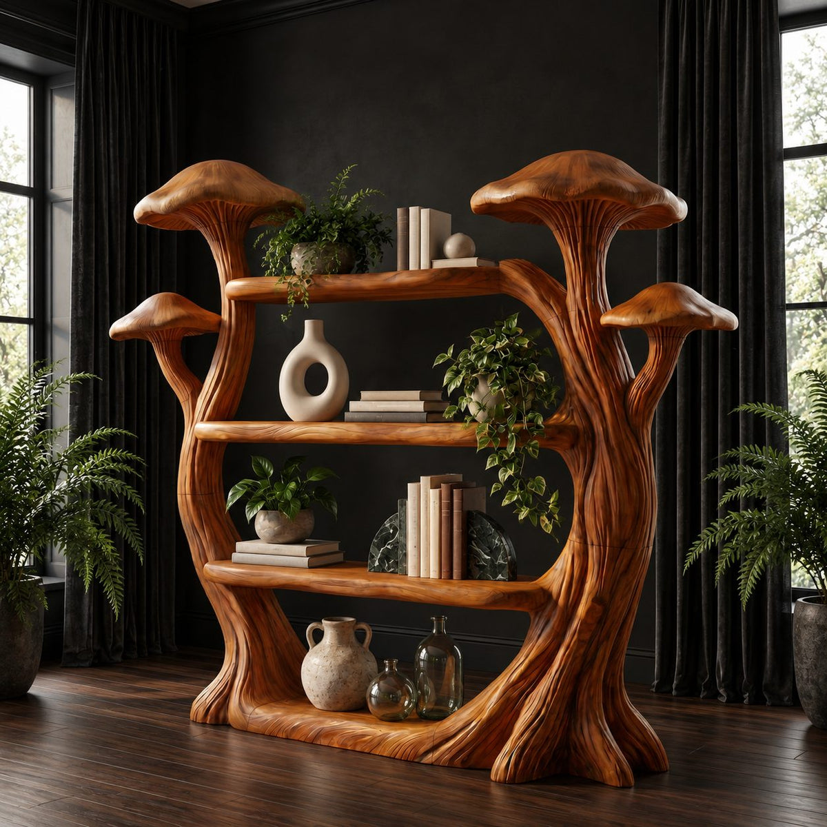 Mushroom Bookshelf with Carved Tree Trunks, Whimsical Solid Wood Bookcase for Reading Room