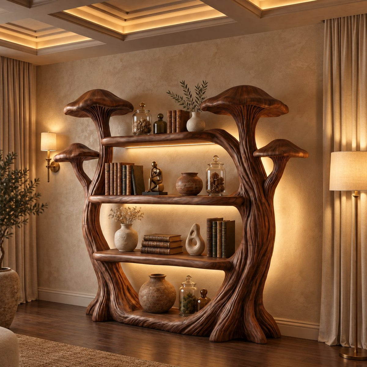 Mushroom Bookshelf with Carved Tree Trunks, Whimsical Solid Wood Bookcase for Reading Room