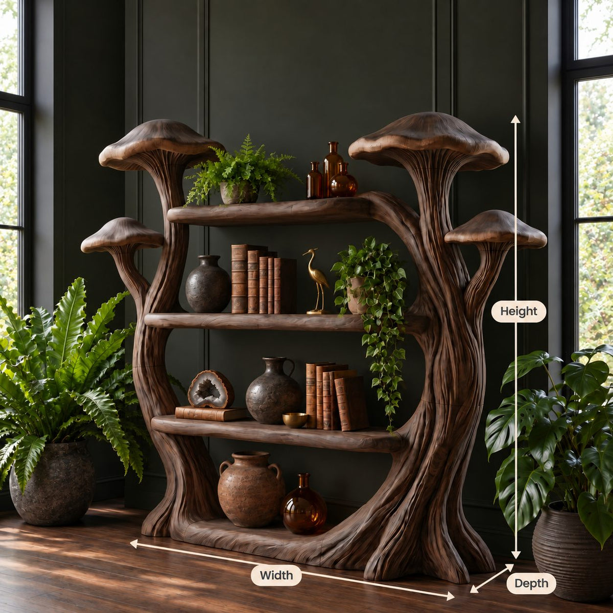 Mushroom Bookshelf with Carved Tree Trunks, Whimsical Solid Wood Bookcase for Reading Room
