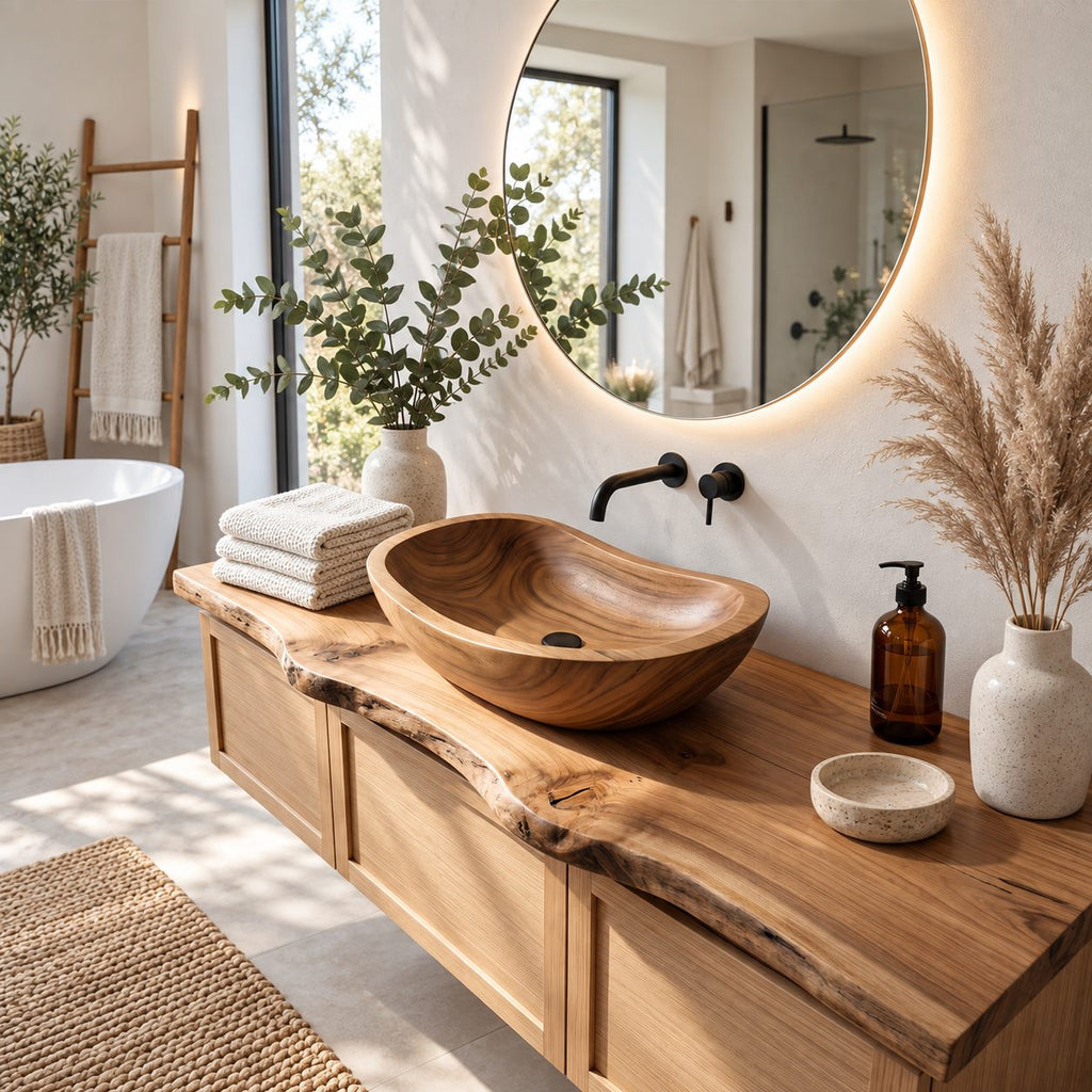 Classic Oval Wooden Vessel Sink, Satin Smooth Solid Wood Bathroom Basin with Gently Raised Ends