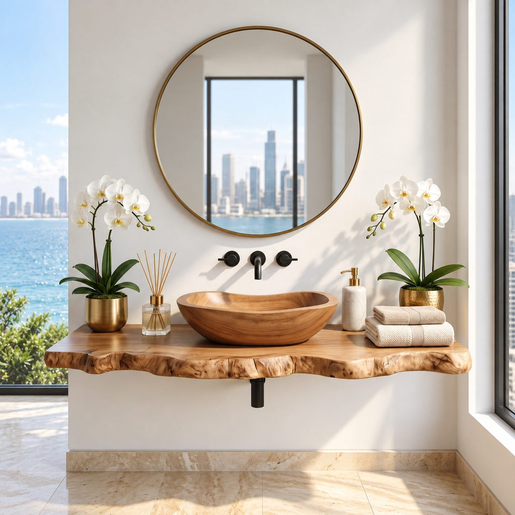 Classic Oval Wooden Vessel Sink, Satin Smooth Solid Wood Bathroom Basin with Gently Raised Ends