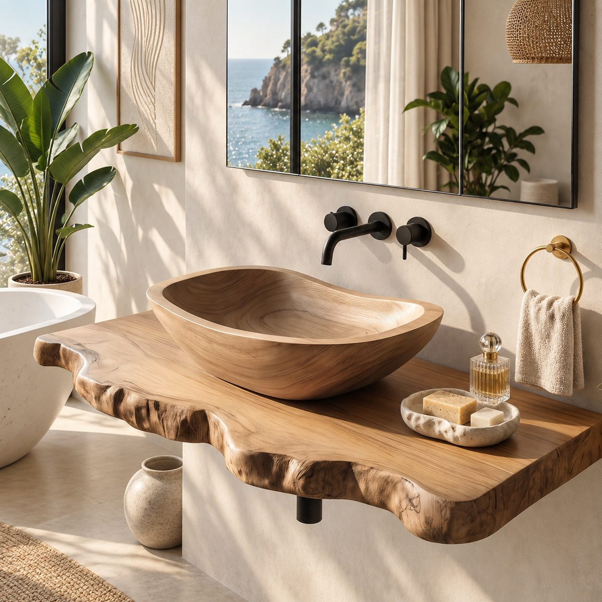 Classic Oval Wooden Vessel Sink, Satin Smooth Solid Wood Bathroom Basin with Gently Raised Ends