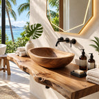 Classic Oval Wooden Vessel Sink, Satin Smooth Solid Wood Bathroom Basin with Gently Raised Ends