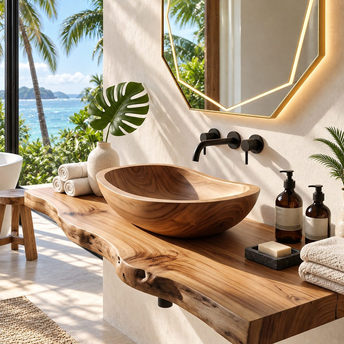 Classic Oval Wooden Vessel Sink, Satin Smooth Solid Wood Bathroom Basin with Gently Raised Ends