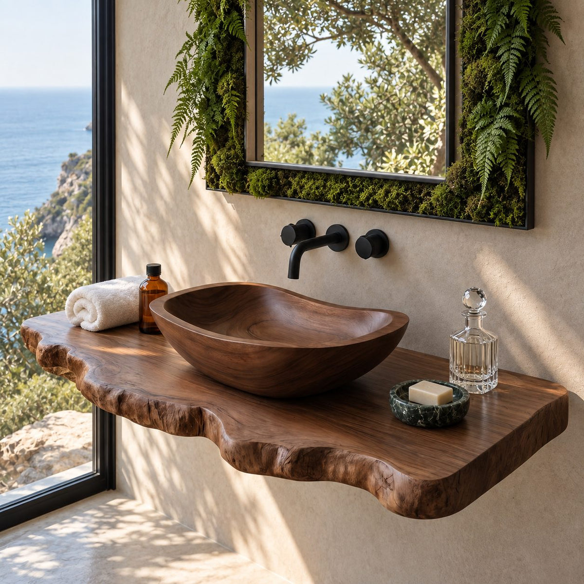 Classic Oval Wooden Vessel Sink, Satin Smooth Solid Wood Bathroom Basin with Gently Raised Ends