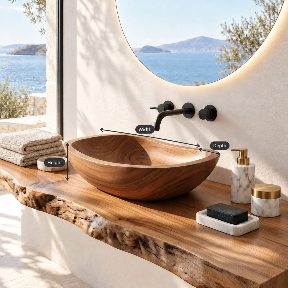 Classic Oval Wooden Vessel Sink, Satin Smooth Solid Wood Bathroom Basin with Gently Raised Ends