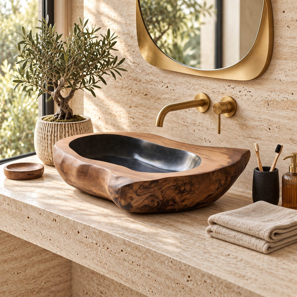 Thick Rim Oval Wooden Vessel Sink with Burl Exterior and Sealed Interior, Heavy Solid Wood Basin