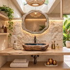 Thick Rim Oval Wooden Vessel Sink with Burl Exterior and Sealed Interior, Heavy Solid Wood Basin