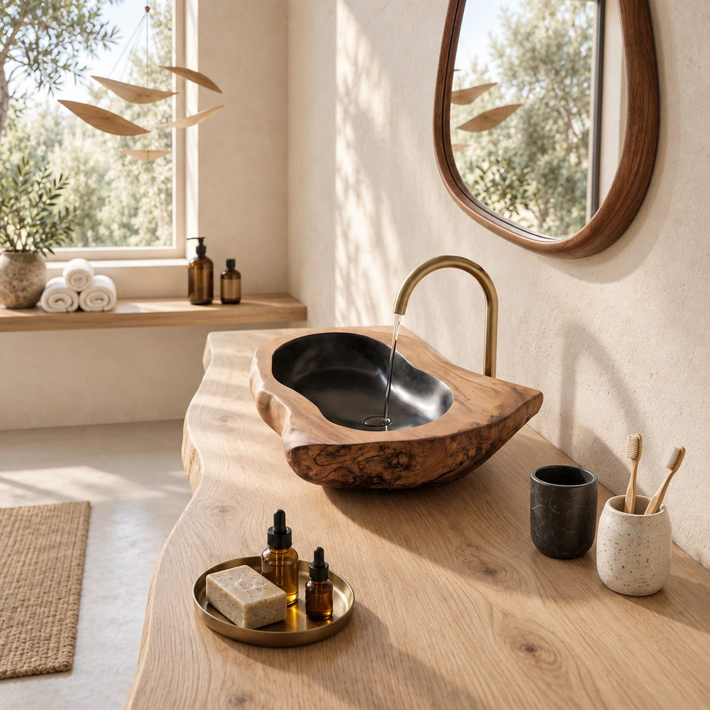 Thick Rim Oval Wooden Vessel Sink with Burl Exterior and Sealed Interior, Heavy Solid Wood Basin