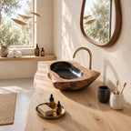 Thick Rim Oval Wooden Vessel Sink with Burl Exterior and Sealed Interior, Heavy Solid Wood Basin