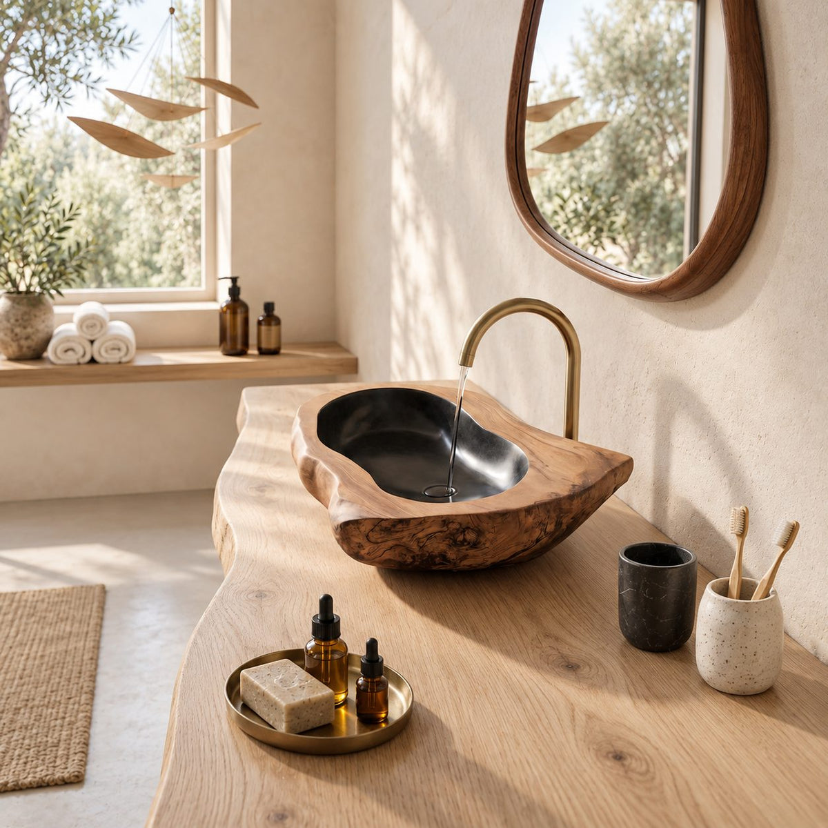 Thick Rim Oval Wooden Vessel Sink with Burl Exterior and Sealed Interior, Heavy Solid Wood Basin