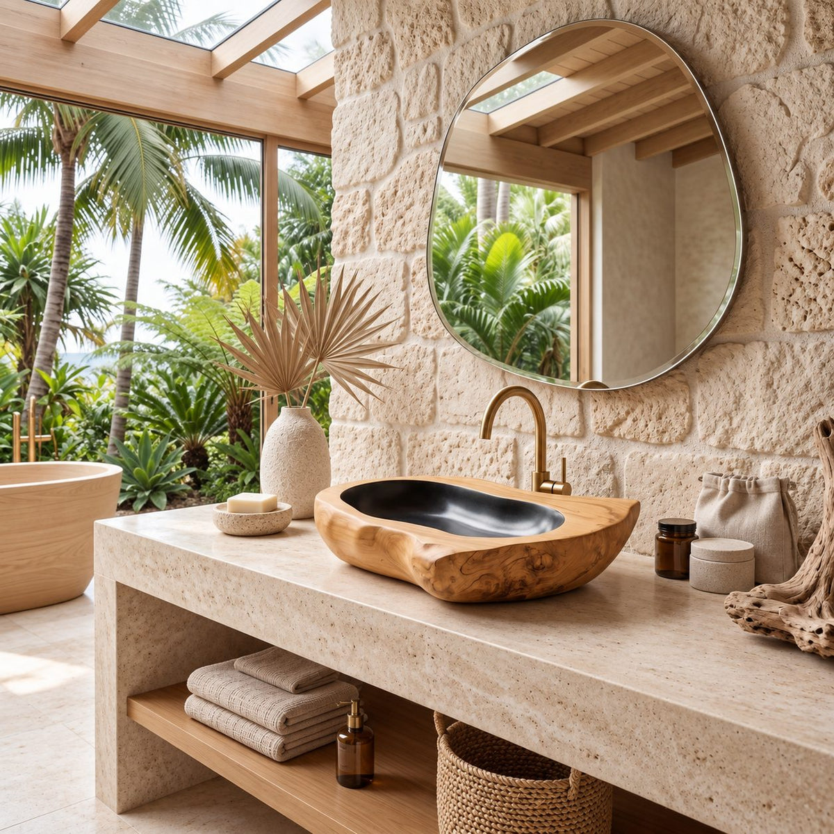 Thick Rim Oval Wooden Vessel Sink with Burl Exterior and Sealed Interior, Heavy Solid Wood Basin