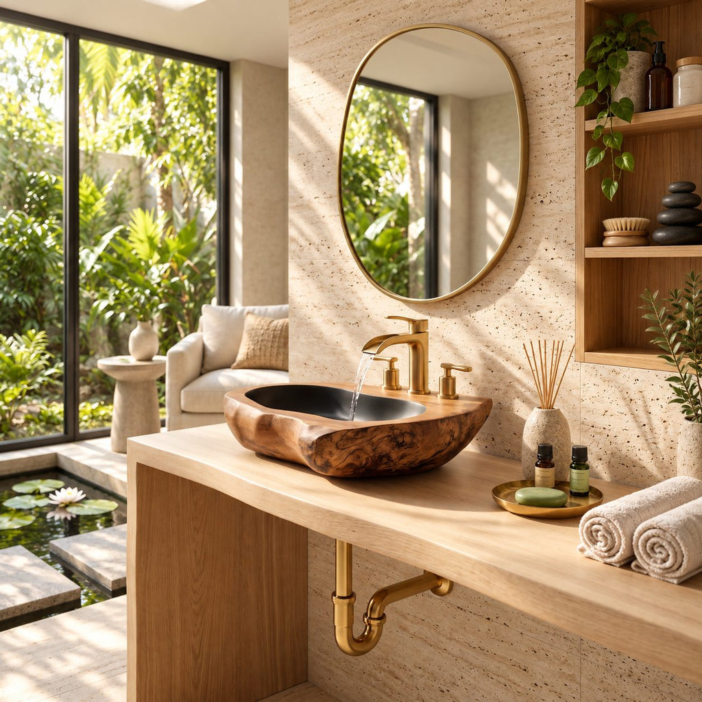 Thick Rim Oval Wooden Vessel Sink with Burl Exterior and Sealed Interior, Heavy Solid Wood Basin