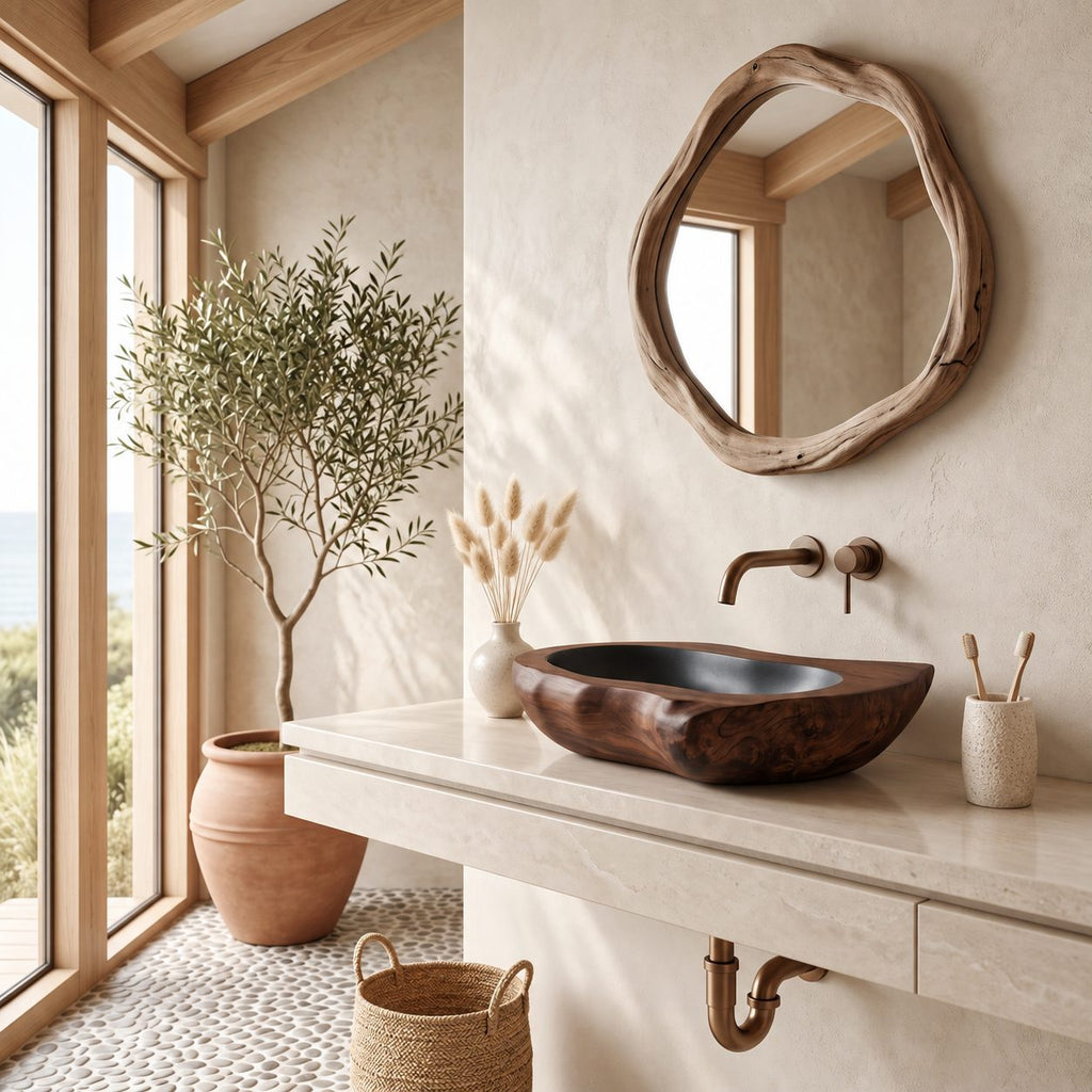 Thick Rim Oval Wooden Vessel Sink with Burl Exterior and Sealed Interior, Heavy Solid Wood Basin
