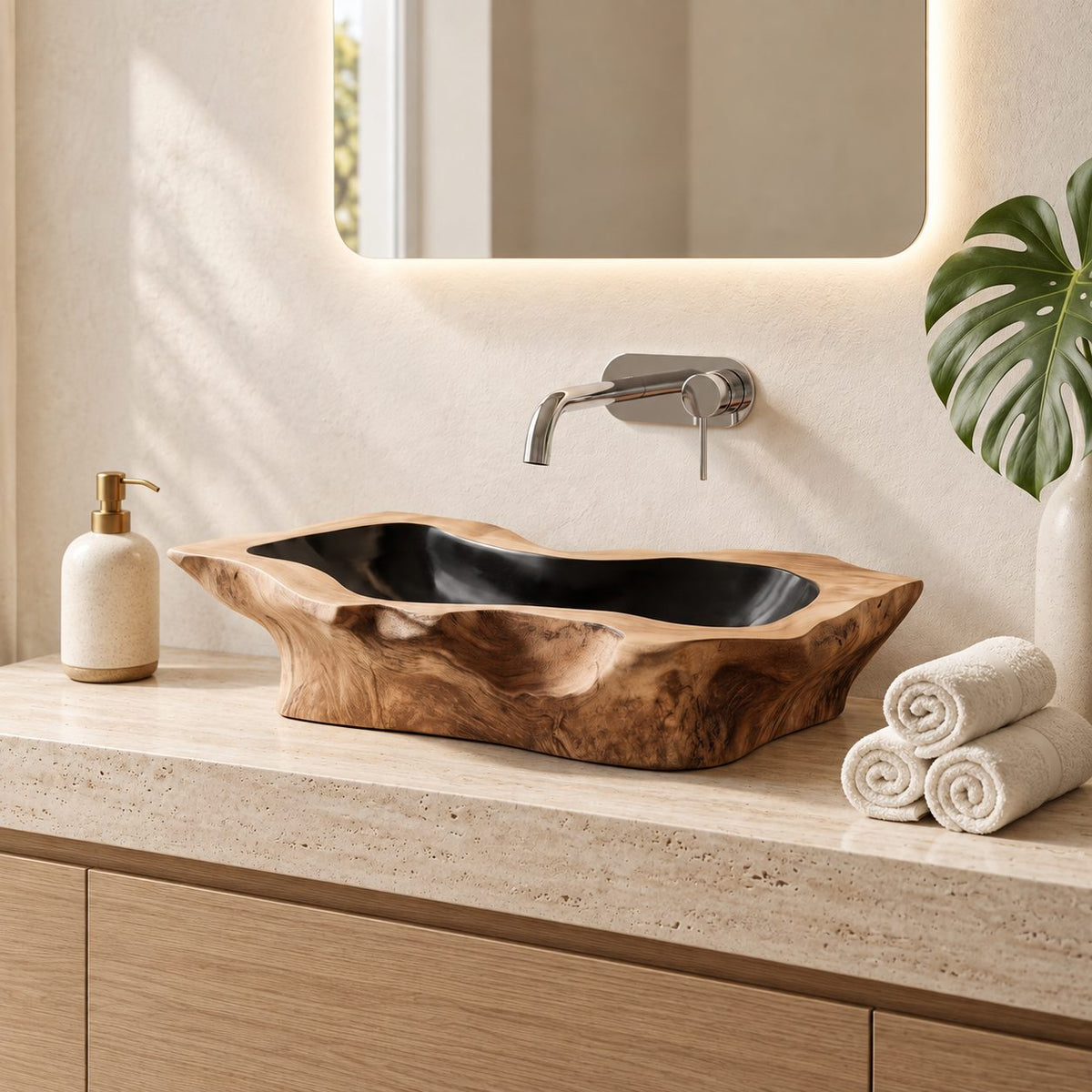 Notched Corner Wooden Vessel Sink, Freeform Rectangular Root Burl Basin with Sealed Interior