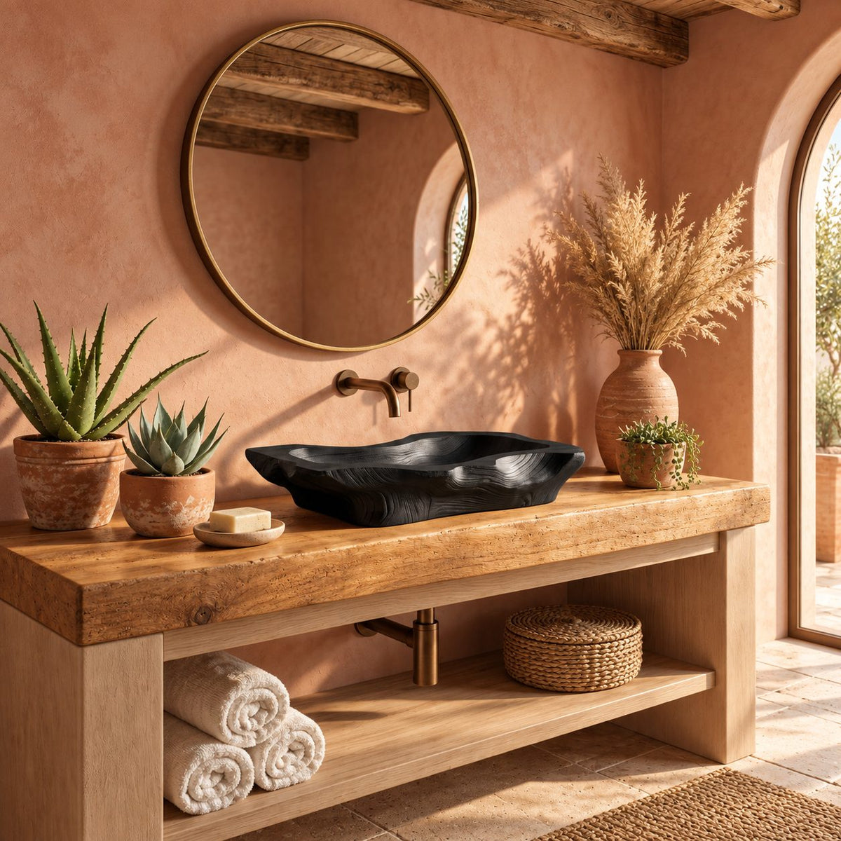 Notched Corner Wooden Vessel Sink, Freeform Rectangular Root Burl Basin with Sealed Interior