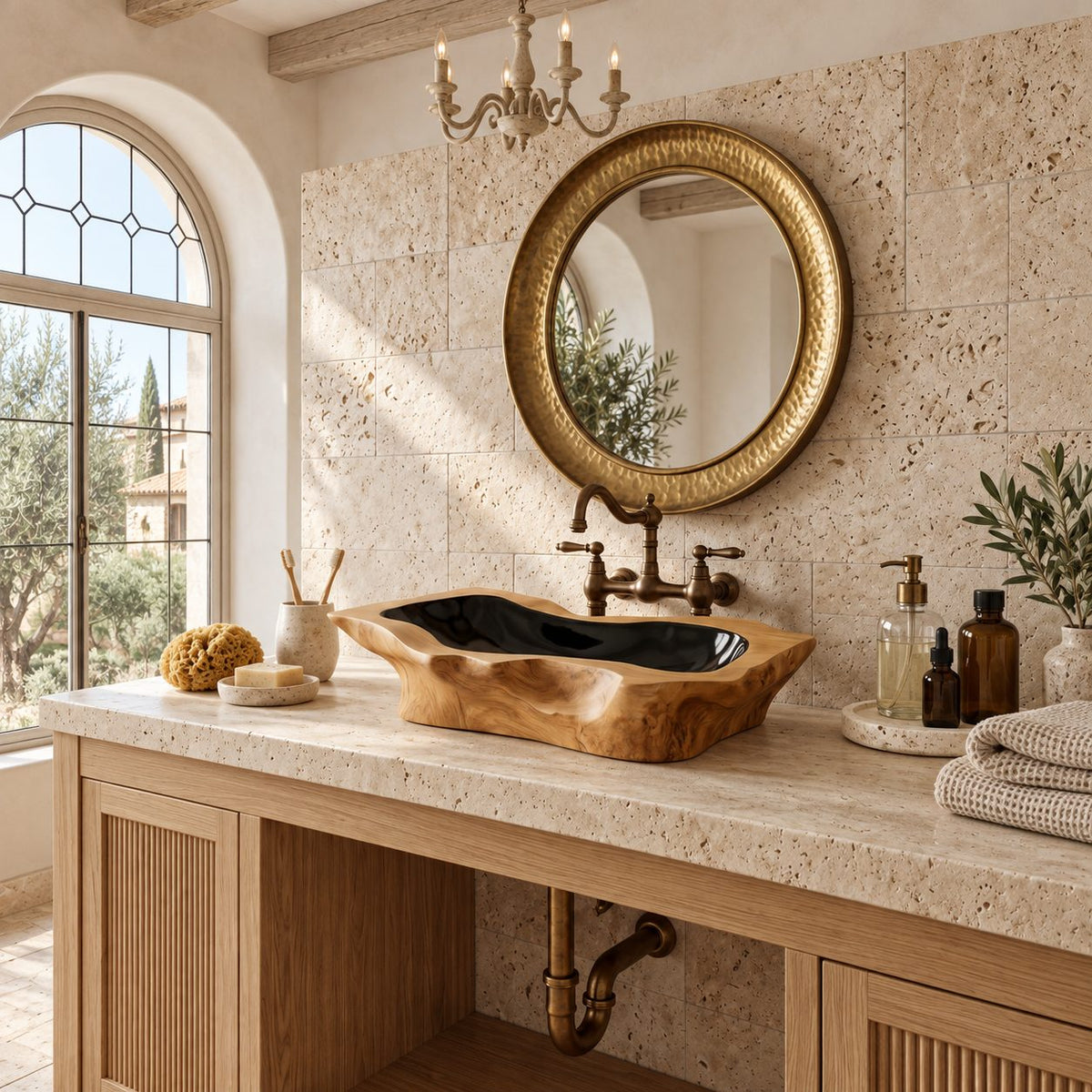 Notched Corner Wooden Vessel Sink, Freeform Rectangular Root Burl Basin with Sealed Interior