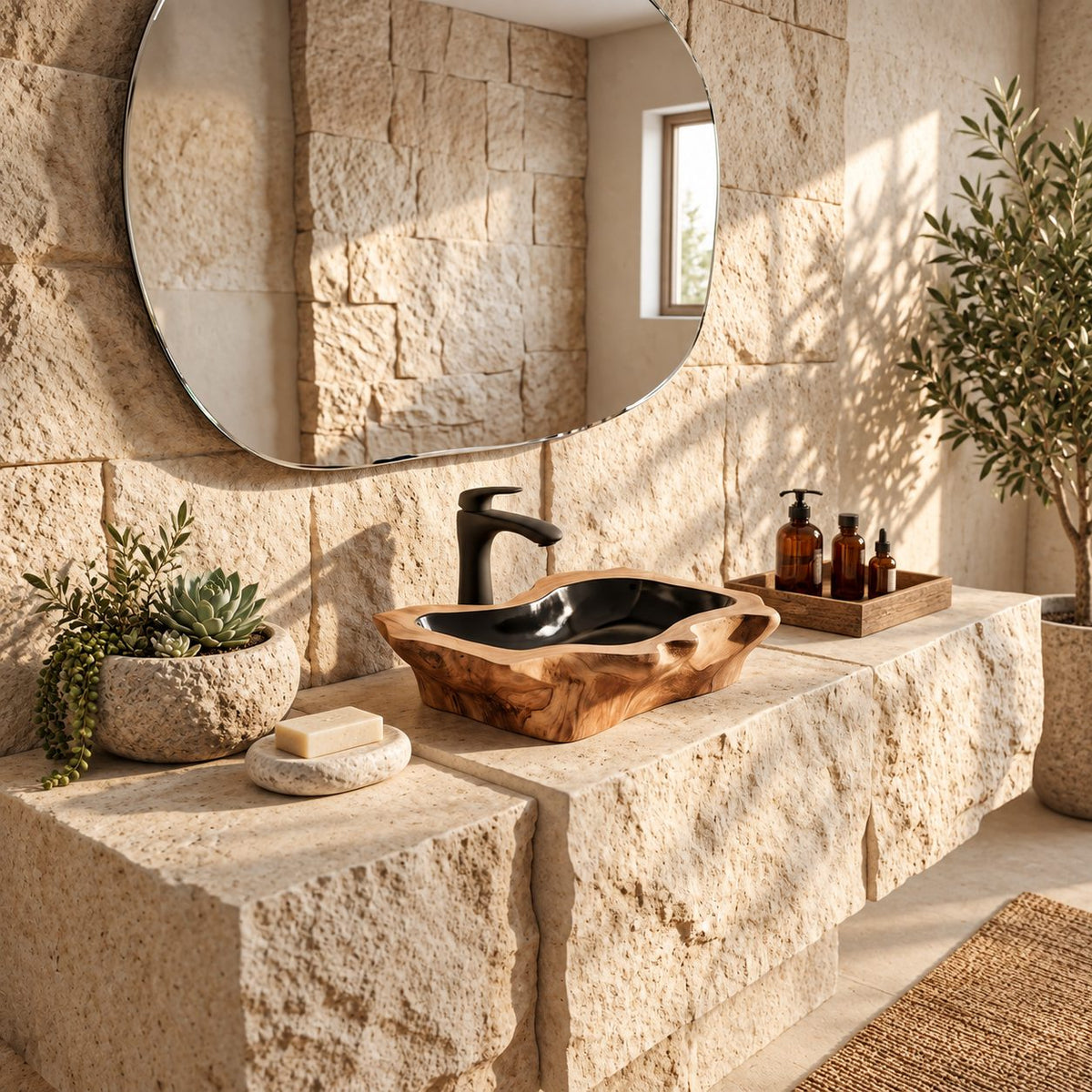 Notched Corner Wooden Vessel Sink, Freeform Rectangular Root Burl Basin with Sealed Interior