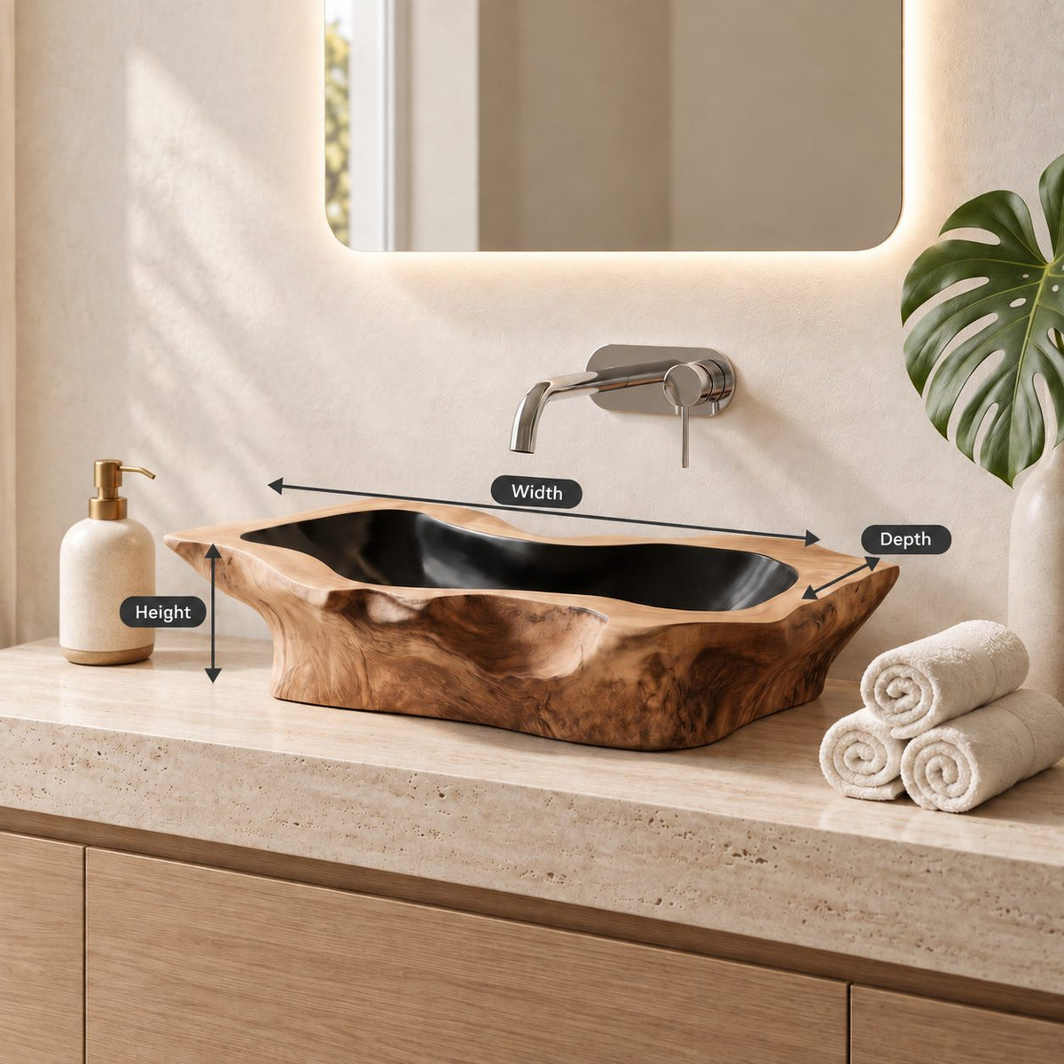 Notched Corner Wooden Vessel Sink, Freeform Rectangular Root Burl Basin with Sealed Interior
