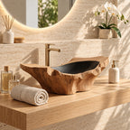 Root Sculpted Wooden Vessel Sink with Raw Flared Ends and Sealed Interior, Solid Wood Bathroom Basin