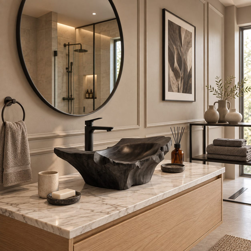 Root Sculpted Wooden Vessel Sink with Raw Flared Ends and Sealed Interior, Solid Wood Bathroom Basin