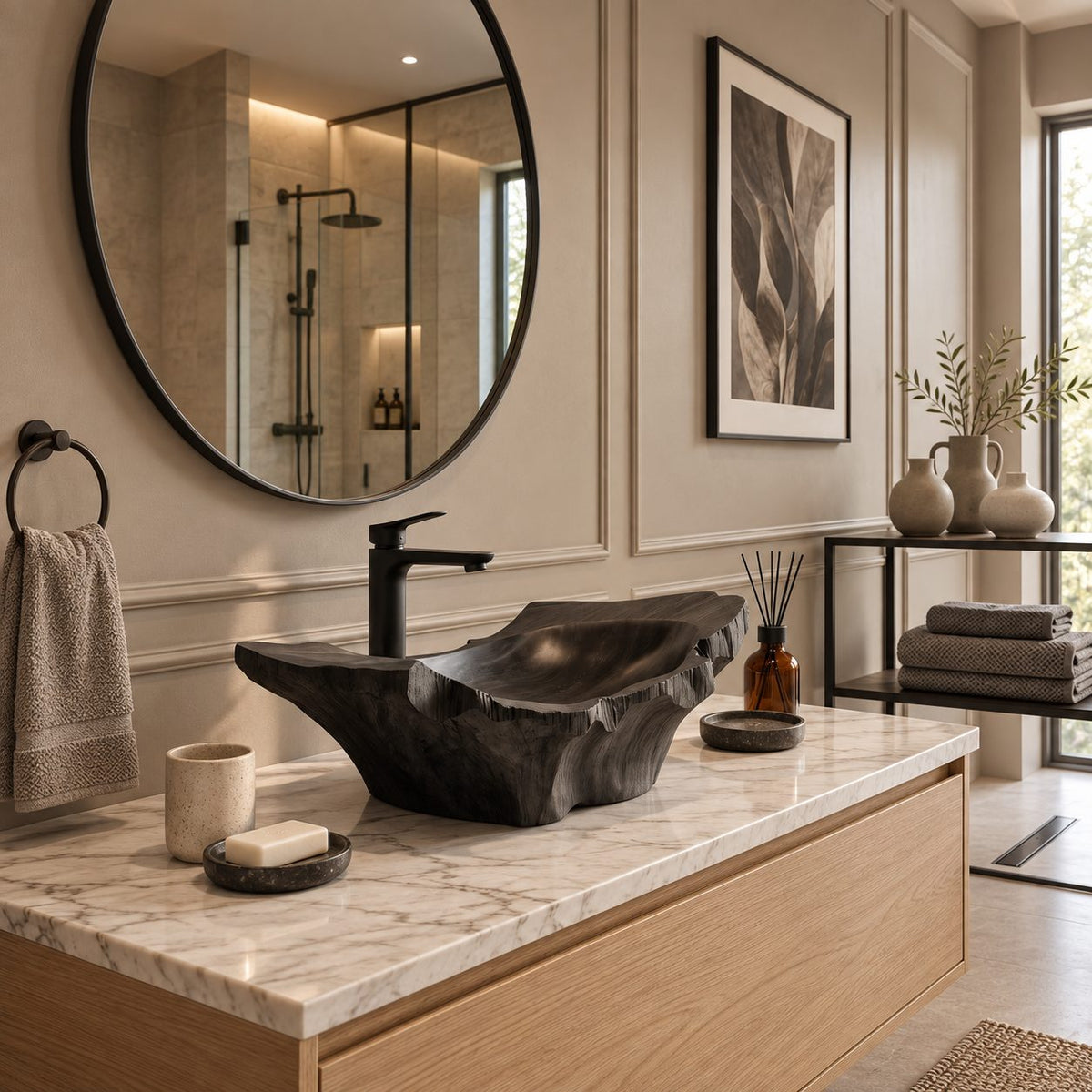 Root Sculpted Wooden Vessel Sink with Raw Flared Ends and Sealed Interior, Solid Wood Bathroom Basin
