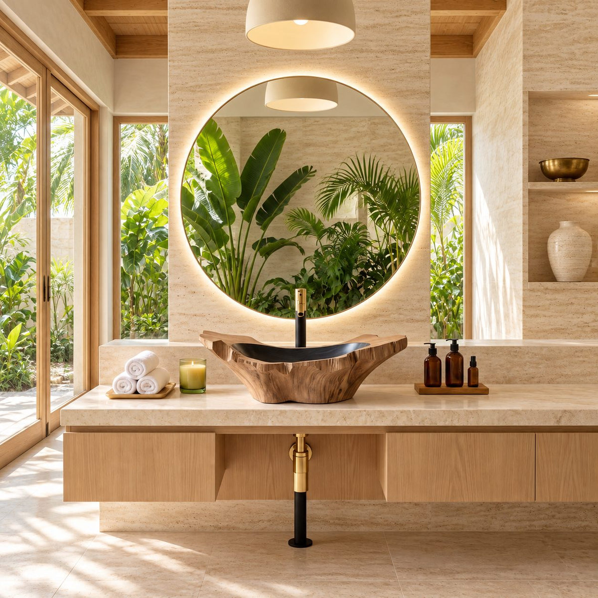 Root Sculpted Wooden Vessel Sink with Raw Flared Ends and Sealed Interior, Solid Wood Bathroom Basin