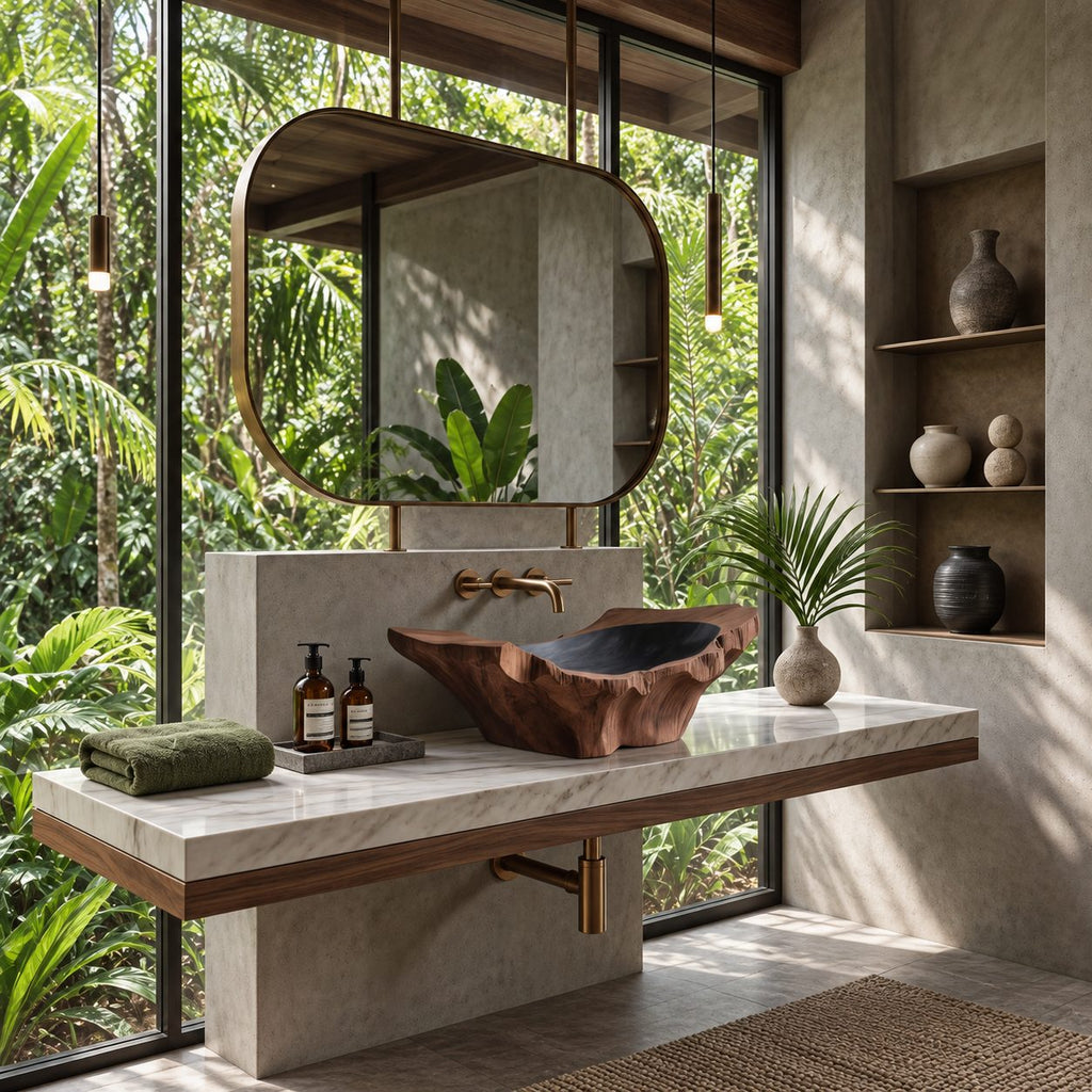 Root Sculpted Wooden Vessel Sink with Raw Flared Ends and Sealed Interior, Solid Wood Bathroom Basin