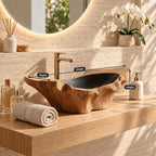 Root Sculpted Wooden Vessel Sink with Raw Flared Ends and Sealed Interior, Solid Wood Bathroom Basin