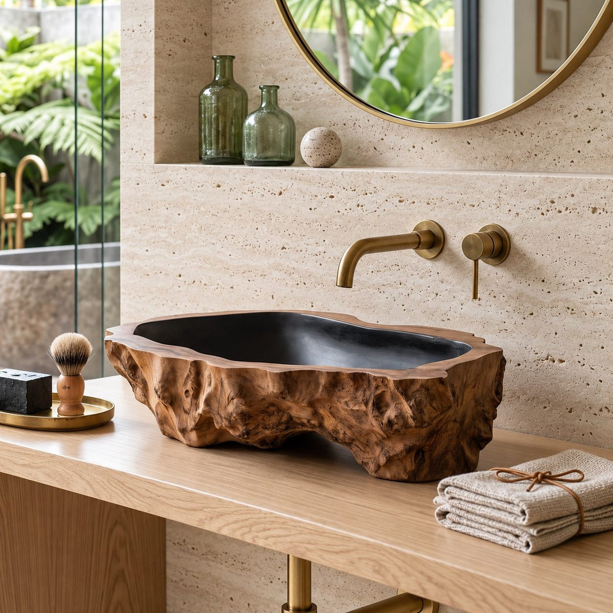 Craggy Root Carved Wooden Vessel Sink, Deep Textured Oval Basin with Sealed Interior, Solid Wood