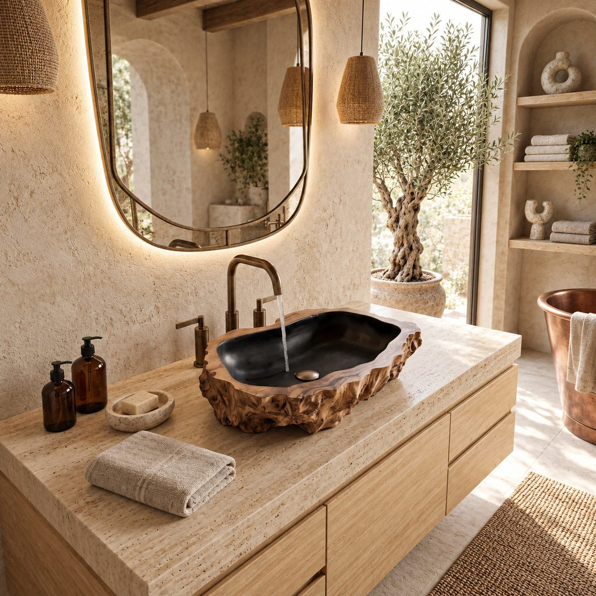 Craggy Root Carved Wooden Vessel Sink, Deep Textured Oval Basin with Sealed Interior, Solid Wood