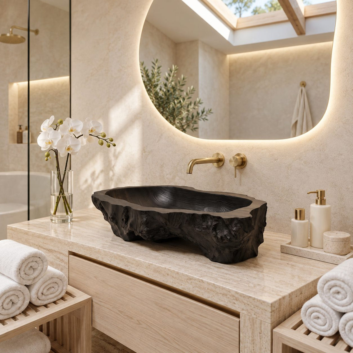 Craggy Root Carved Wooden Vessel Sink, Deep Textured Oval Basin with Sealed Interior, Solid Wood