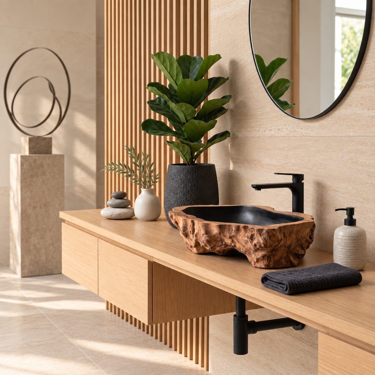 Craggy Root Carved Wooden Vessel Sink, Deep Textured Oval Basin with Sealed Interior, Solid Wood