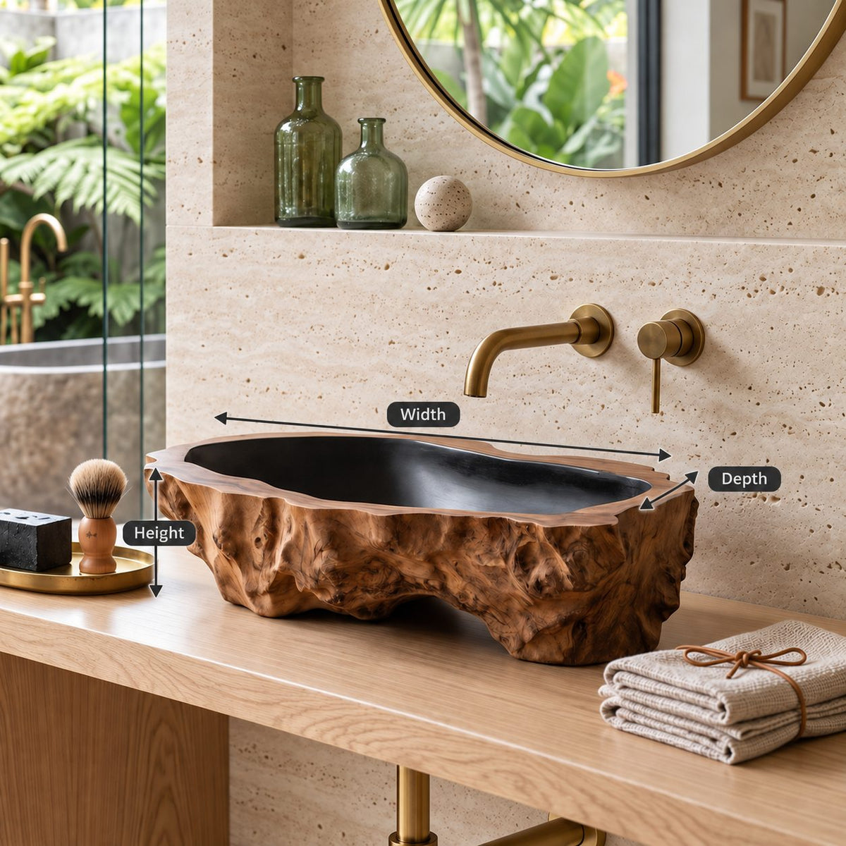 Craggy Root Carved Wooden Vessel Sink, Deep Textured Oval Basin with Sealed Interior, Solid Wood