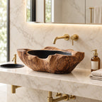 Rippled Burl Wooden Vessel Sink with Thick Irregular Rim and Sealed Interior, Solid Wood Basin Bowl