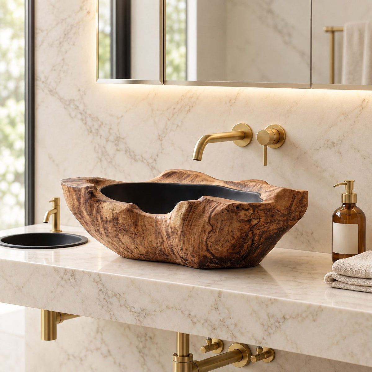 Rippled Burl Wooden Vessel Sink with Thick Irregular Rim and Sealed Interior, Solid Wood Basin Bowl