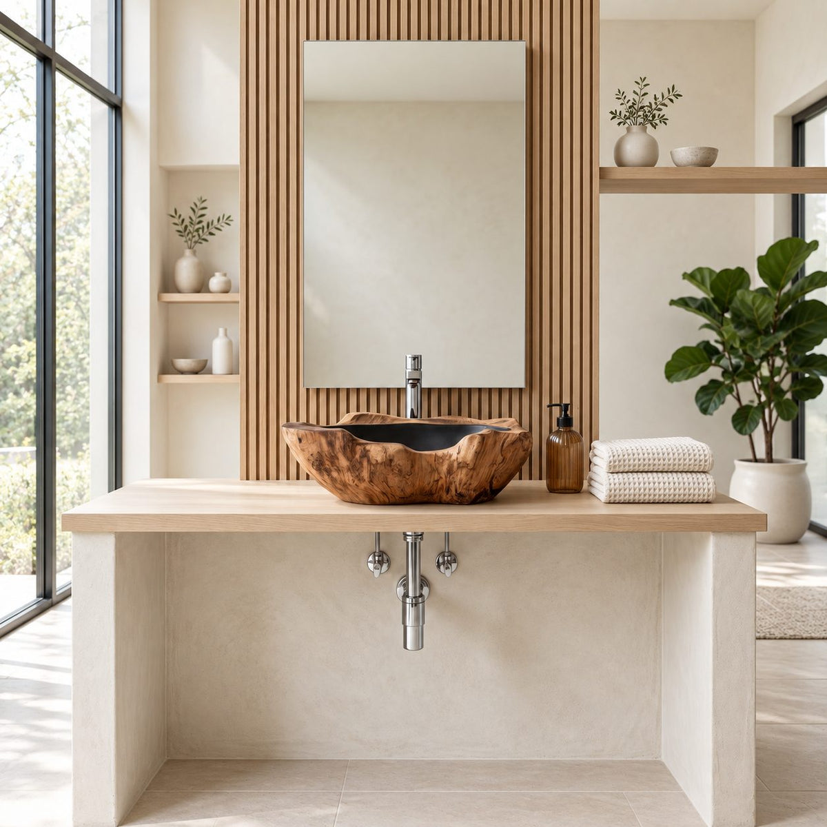 Rippled Burl Wooden Vessel Sink with Thick Irregular Rim and Sealed Interior, Solid Wood Basin Bowl