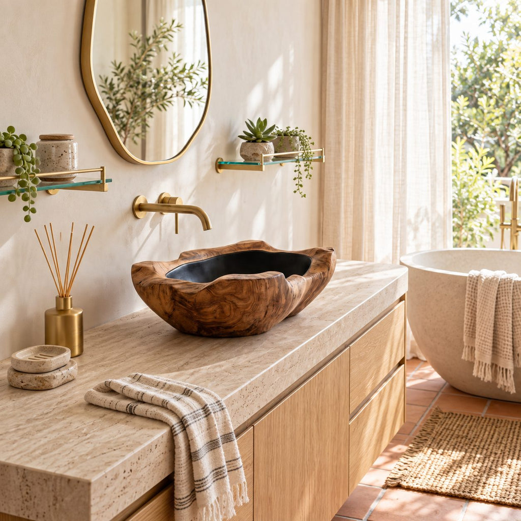 Rippled Burl Wooden Vessel Sink with Thick Irregular Rim and Sealed Interior, Solid Wood Basin Bowl