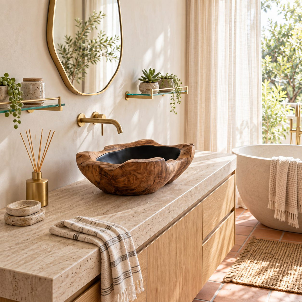 Rippled Burl Wooden Vessel Sink with Thick Irregular Rim and Sealed Interior, Solid Wood Basin Bowl