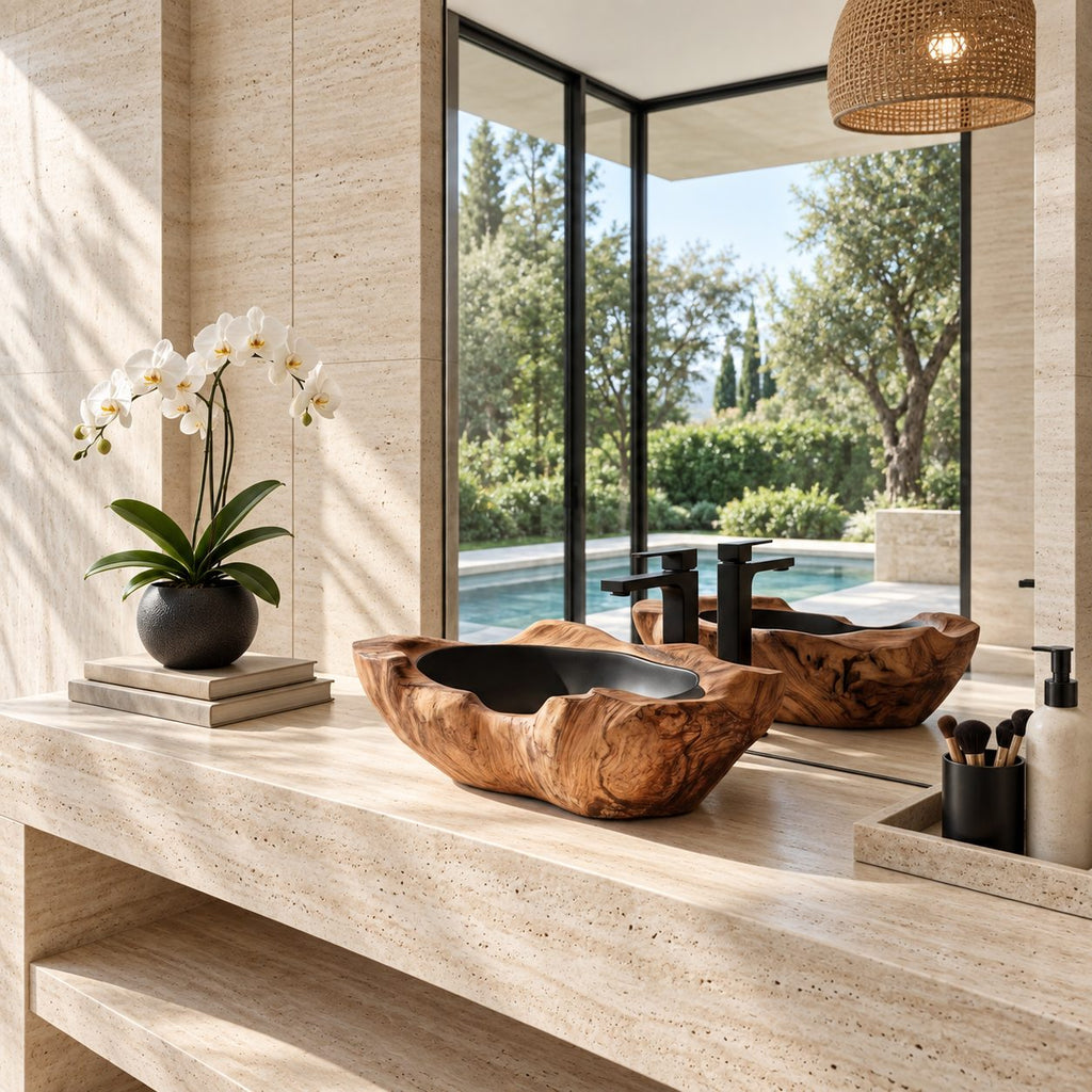 Rippled Burl Wooden Vessel Sink with Thick Irregular Rim and Sealed Interior, Solid Wood Basin Bowl