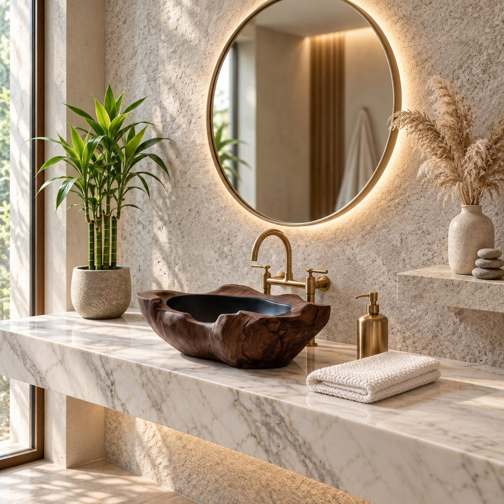 Rippled Burl Wooden Vessel Sink with Thick Irregular Rim and Sealed Interior, Solid Wood Basin Bowl