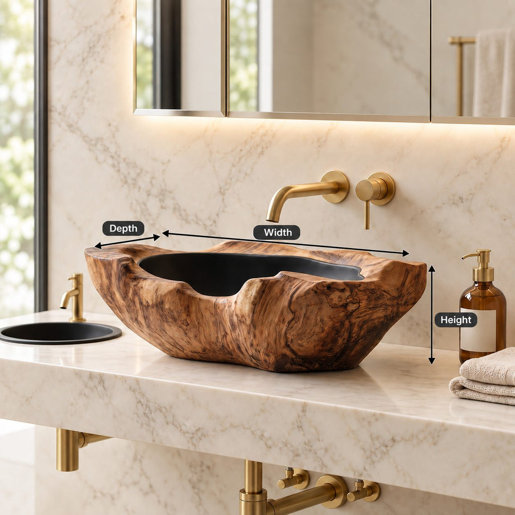 Rippled Burl Wooden Vessel Sink with Thick Irregular Rim and Sealed Interior, Solid Wood Basin Bowl