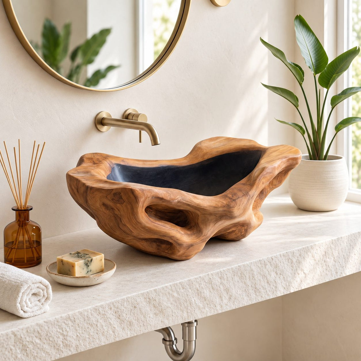 Openwork Driftwood Style Wooden Vessel Sink with Pierced Sides and Sealed Interior, Solid Wood Bowl