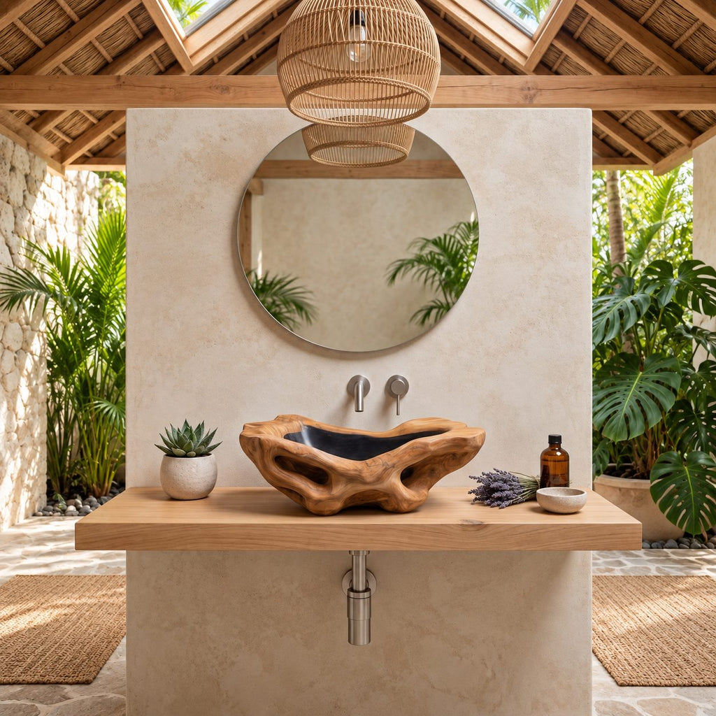Openwork Driftwood Style Wooden Vessel Sink with Pierced Sides and Sealed Interior, Solid Wood Bowl