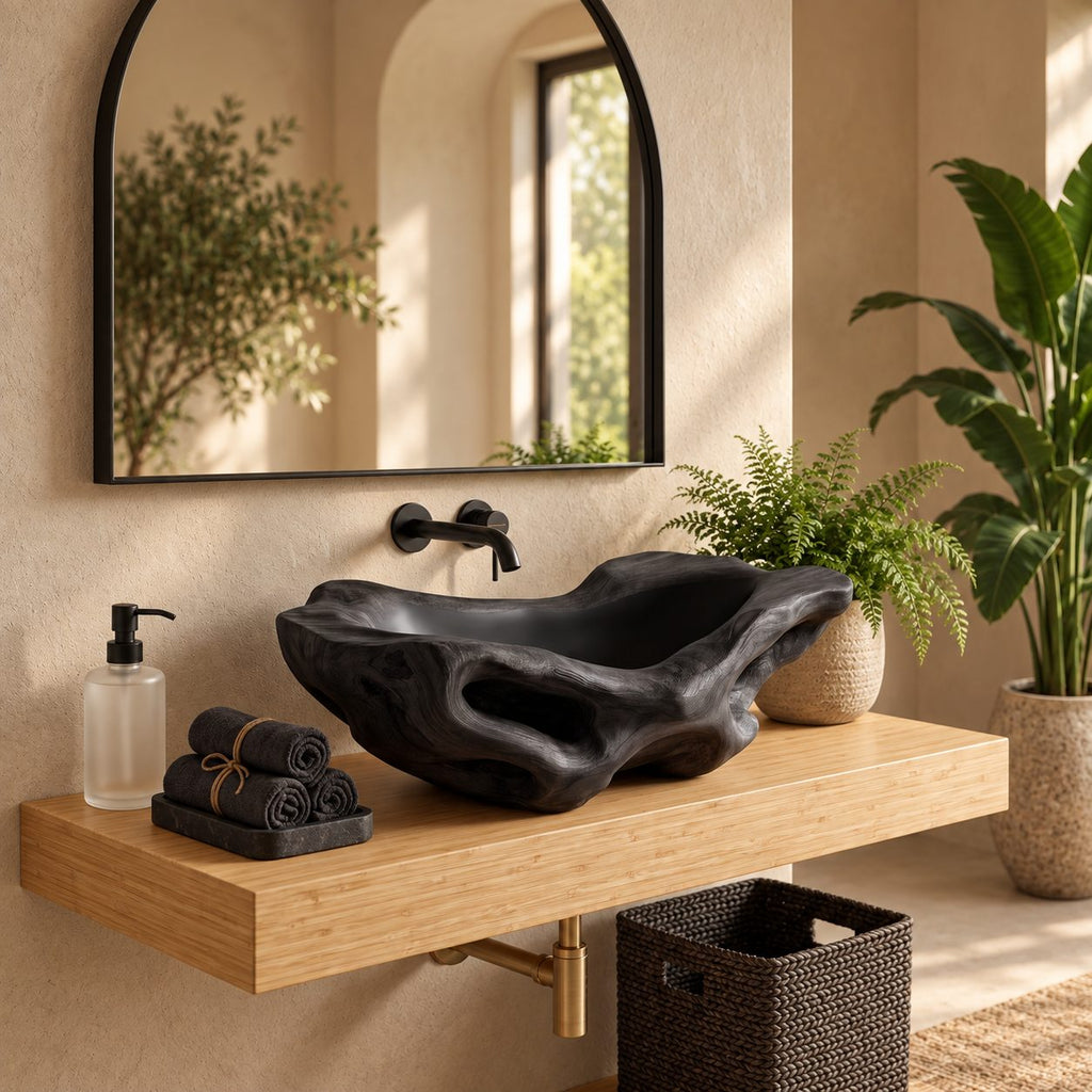 Openwork Driftwood Style Wooden Vessel Sink with Pierced Sides and Sealed Interior, Solid Wood Bowl