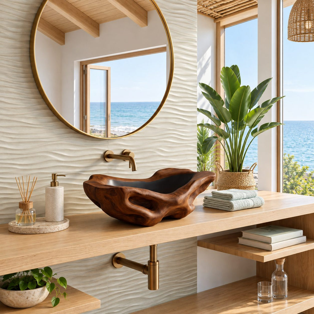 Openwork Driftwood Style Wooden Vessel Sink with Pierced Sides and Sealed Interior, Solid Wood Bowl