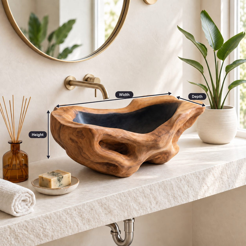 Openwork Driftwood Style Wooden Vessel Sink with Pierced Sides and Sealed Interior, Solid Wood Bowl