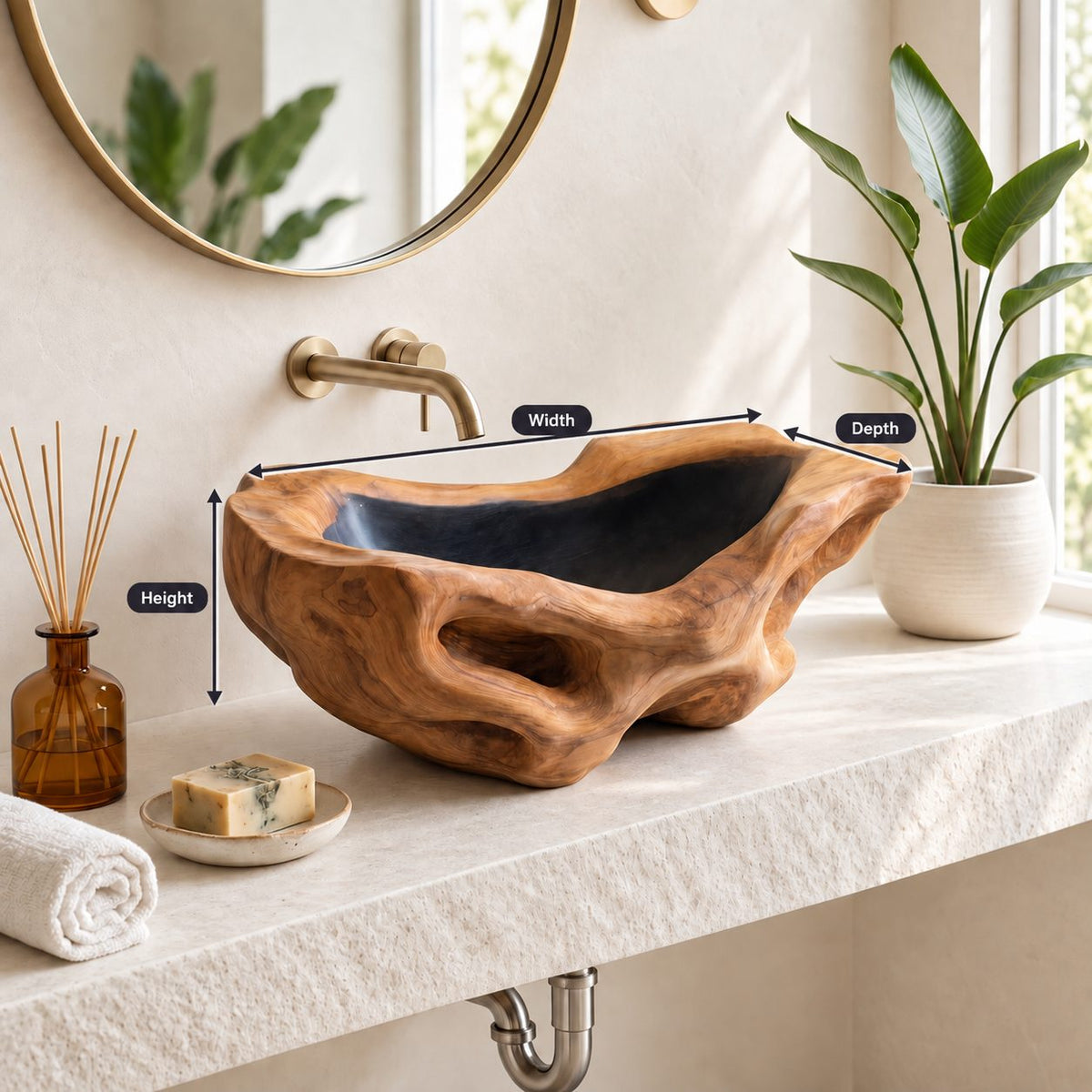 Openwork Driftwood Style Wooden Vessel Sink with Pierced Sides and Sealed Interior, Solid Wood Bowl